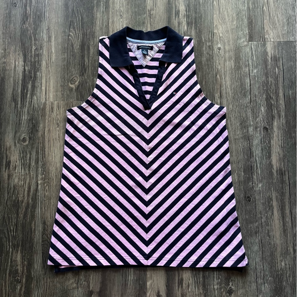Tommy Hilfiger Vintage Pink & Navy Striped Polo Tank Top Sz M